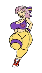Size: 332x575 | Tagged: 80s, 80s cheerilee, artist:megasweet, big breasts, breasts, cheerilee, clothes, derpibooru import, edit, female, human, humanized, leg warmers, pants, solo, solo female, suggestive, thick, wide hips, yoga pants