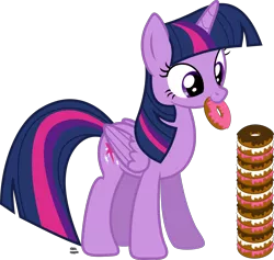 Size: 1652x1567 | Tagged: safe, artist:anime-equestria, derpibooru import, twilight sparkle, twilight sparkle (alicorn), alicorn, pony, cute, donut, female, food, happy, mare, mouth hold, simple background, solo, stacking, transparent background, twiabetes, vector