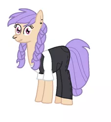 Size: 622x684 | Tagged: safe, artist:theawesomeguy98201, derpibooru import, oc, oc:broken gears, unofficial characters only, earth pony, pony, clothes, ear piercing, earring, eye scar, female, jeans, jewelry, mare, nose piercing, nose ring, overalls, pants, piercing, pigtails, scar, shirt, simple background, solo, t-shirt, twintails, white background