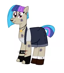 Size: 573x647 | Tagged: safe, artist:theawesomeguy98201, derpibooru import, oc, oc:scavy, unofficial characters only, earth pony, pony, boots, bracelet, clothes, denim, dirt, ear piercing, earring, female, fingerless gloves, gloves, jewelry, mare, multicolored hair, necklace, nose piercing, nose ring, overalls, piercing, scar, scratching, shoes, shorts, simple background, socks, solo, spiked wristband, tanktop, torn clothes, white background, white socks, wristband