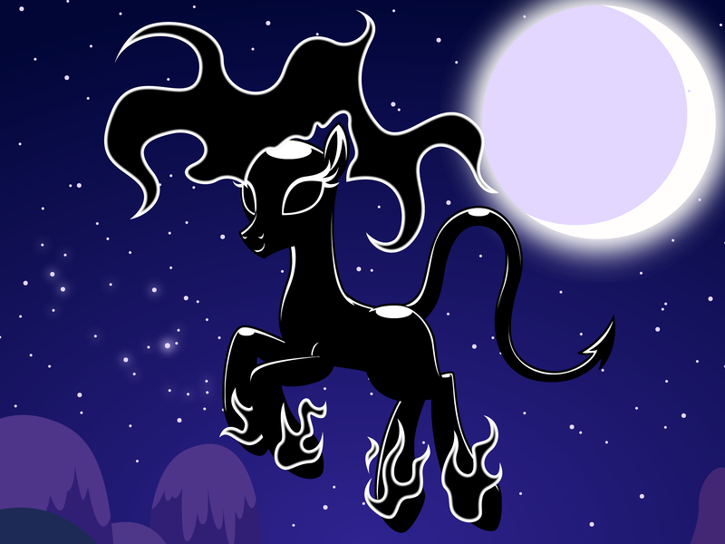 Size: 2950x2212 | Tagged: safe, artist:badumsquish, derpibooru import, oc, unofficial characters only, demon, monster pony, nightmare (species), original species, pony, constellation, dark, devil tail, female, fire, flying, full moon, looking at you, mane of fire, mare, moon, mountain, night, nightmare, pose, sky, smiling, when you see it