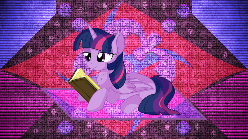 Size: 2560x1440 | Tagged: safe, artist:cyanlightning, artist:laszlvfx, derpibooru import, edit, twilight sparkle, twilight sparkle (alicorn), alicorn, pony, book, female, mare, prone, reading, solo, wallpaper, wallpaper edit