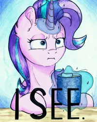 Size: 5793x7240 | Tagged: safe, artist:iamlightbruh, artist:lightisanasshole, derpibooru import, starlight glimmer, pony, unicorn, :i, abstract background, blue background, blue eyes, cup, dialogue, ear fluff, empathy cocoa, female, frown, glowing horn, horn, i mean i see, levitation, lidded eyes, looking at you, magic, mare, meme, mug, parody, reaction image, serious, serious face, simple background, solo, table, telekinesis, text, traditional art, watercolor painting, wide eyes