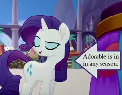 Size: 546x429 | Tagged: arrow, bow, canterlot, captain obvious, cropped, cute, derpibooru import, edit, edited screencap, my little pony: the movie, raribetes, rarity, safe, screencap, smiling, text