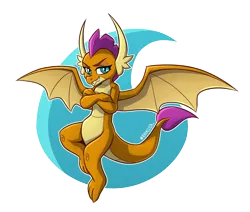 Size: 2818x2386 | Tagged: abstract background, artist:kavalliernc, crossed arms, derpibooru import, dragon, dragoness, female, flying, safe, signature, smiling, smirk, smolder, solo, spread wings, wings