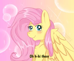 Size: 4088x3406 | Tagged: safe, artist:mojmojsanna, derpibooru import, fluttershy, pegasus, pony, 90s anime, abstract background, anime style, blushing, bust, caption, chest fluff, dialogue, female, looking at you, mare, portrait, smiling, solo, spread wings, subtitles, three quarter view, wings