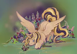 Size: 1000x694 | Tagged: safe, artist:saint-juniper, derpibooru import, oc, oc:tyr, alicorn, butterfly, pony, fanfic:myths and birthrights, alicorn oc, horn, solo, wings