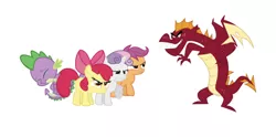 Size: 750x371 | Tagged: safe, artist:ex-machinart, artist:iamcommando13, artist:itsmeevo, artist:shipwright, artist:silentmatten, derpibooru import, edit, editor:undeadponysoldier, apple bloom, garble, scootaloo, spike, sweetie belle, dragon, earth pony, pegasus, pony, unicorn, angry, crying, cutie mark crusaders, female, filly, protecting, reupload, simple background, spike justice warriors, spikelove, white background