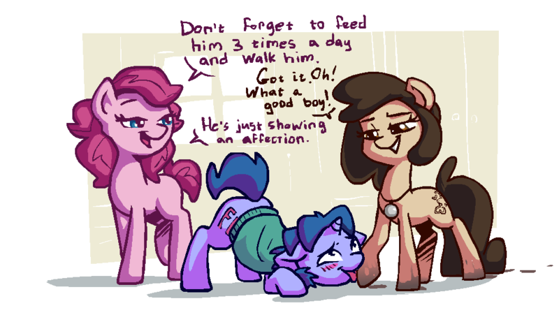 Size: 1059x597 | Tagged: questionable, artist:whateverbender, derpibooru import, oc, oc:bender watt, oc:holivi, oc:louvely, earth pony, pony, blushing, clothes, dialogue, dirty hooves, face down ass up, female, femdom, fetish, good boy, hoof fetish, hoof licking, jewelry, licking, lidded eyes, male, malesub, mare, necklace, open mouth, pet play, smiling, stallion, submissive, tongue out