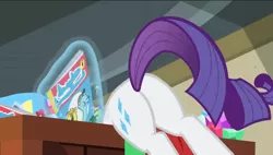 Size: 1120x634 | Tagged: safe, derpibooru import, screencap, rarity, pony, unicorn, dragon dropped, butt, comic, crate, face down ass up, female, flank, magic, mare, plot, rearity