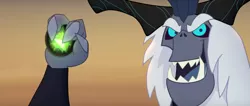 Size: 1361x575 | Tagged: antagonist, armor, claws, crown, derpibooru import, evil grin, fangs, grin, horns, jewelry, my little pony: the movie, obsidian orb, regalia, safe, screencap, sky, smiling, storm king, teeth, yeti