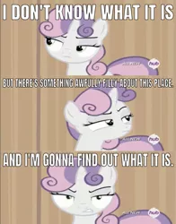 Size: 641x819 | Tagged: all new, angry, caption, comic, derpibooru import, edit, edited screencap, editor:undeadponysoldier, for whom the sweetie belle toils, gritted teeth, hub logo, image macro, looking at you, meme, pun, safe, screencap, screencap comic, suspicious, sweetie belle, sweetie belle is not amused, text, unamused, wrong aspect ratio
