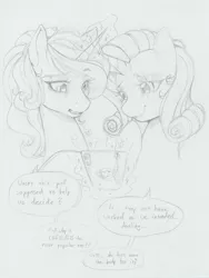 Size: 1196x1593 | Tagged: safe, artist:longinius, derpibooru import, rarity, oc, oc:silk lace, pony, unicorn, duo, female, magic, mare, mobile phone, phone, sketch, smartphone, telekinesis, traditional art