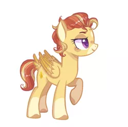 Size: 1099x1092 | Tagged: safe, artist:corporalvortex, derpibooru import, oc, oc:golden winds, pegasus, pony, base used, coat markings, colored wings, female, magical gay spawn, mare, offspring, parent:sunburst, parent:zephyr breeze, parents:zephyrburst, raised hoof, short mane, simple background, smiling, socks (coat marking), solo, tail feathers, white background, wings