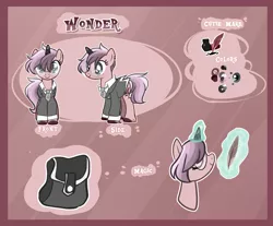 Size: 2500x2068 | Tagged: safe, artist:iheyyasyfox, derpibooru import, oc, oc:wonder, pony, unicorn, clothes, female, glasses, magic, mare, quill, reference sheet, solo, suit