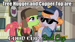 Size: 1280x720 | Tagged: safe, derpibooru import, edit, edited screencap, screencap, copper top, tree hugger, earth pony, pony, caption, female, good cop bad cop, image macro, implied marijuana, manehattan, parody, police uniform, text, this will end in jail time, tv show