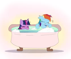 Size: 1802x1500 | Tagged: safe, artist:stupid works-stuwor, artist:stuwor-art, derpibooru import, rainbow dash, twilight sparkle, twilight sparkle (alicorn), alicorn, pegasus, pony, :t, bath, bathtub, blushing, bubble, bubble bath, claw foot bathtub, cute, dashabetes, eyes closed, female, gradient background, lesbian, mare, nose wrinkle, puffy cheeks, shipping, signature, smiling, twiabetes, twidash