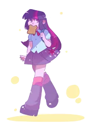 Size: 2232x3166 | Tagged: safe, artist:chiptoony, derpibooru import, twilight sparkle, twilight sparkle (alicorn), alicorn, equestria girls, clothes, cute, eye clipping through hair, female, leg warmers, miniskirt, moe, mouth hold, no pupils, pleated skirt, schoolgirl toast, shoes, simple background, skirt, solo, transparent background, twiabetes