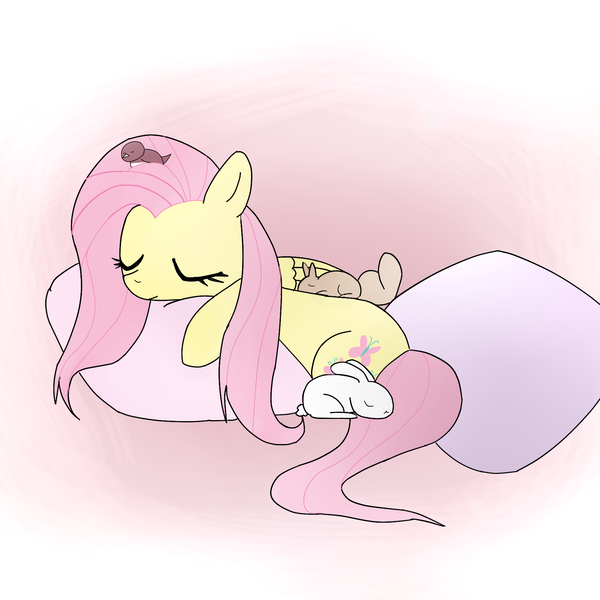 Size: 1700x1700 | Tagged: angel bunny, artist:majupaju, bird, bird on head, cute, derpibooru import, eyes closed, fluttershy, pillow, safe, shyabetes, simple background, sitting on head, sleeping, squirrel