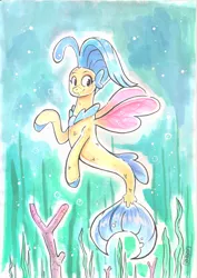 Size: 2475x3501 | Tagged: artist:raph13th, bubble, coral, coral reef, cute, derpibooru import, female, freckles, high res, jewelry, kelp, missing accessory, my little pony: the movie, necklace, ocean, pearl necklace, princess skystar, safe, seapony (g4), seaweed, skyabetes, smiling, solo, spread wings, swimming, traditional art, under the sea, underwater, water, watercolor painting, wings