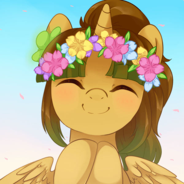 Size: 700x700 | Tagged: artist needed, safe, derpibooru import, oc, oc:princess silvanus, unofficial characters only, alicorn, pony, alicorn oc, brown mane, cute, eyes closed, female, floral head wreath, flower, flower in hair, horn, mare, solo, wings