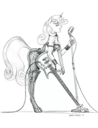 Size: 1000x1297 | Tagged: safe, artist:baron engel, derpibooru import, sweetie belle, anthro, unguligrade anthro, unicorn, bass guitar, boots, clothes, collar, colored hooves, female, grayscale, guitar, leather pants, mare, metal belle, microphone, monochrome, musical instrument, older, older sweetie belle, pants, pencil drawing, shoes, simple background, sketch, thigh boots, traditional art, white background