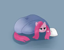 Size: 1900x1500 | Tagged: safe, artist:majupaju, derpibooru import, pinkie pie, earth pony, pony, atg 2019, blanket, eye clipping through hair, female, mare, newbie artist training grounds, pillow, pinkamena diane pie, solo