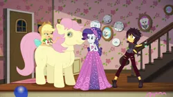 Size: 1366x768 | Tagged: safe, derpibooru import, screencap, applejack, fluttershy, posey, rarity, sunset shimmer, wooyoo, costume conundrum, costume conundrum: applejack, equestria girls, equestria girls series, spoiler:choose your own ending (season 2), spoiler:eqg series (season 2), balloon, bow, bulk biceps' home, clothes, costume, costume party, dress, g1, pony costume, ripped pants, sleeveless, tail bow, vampire shimmer, wig