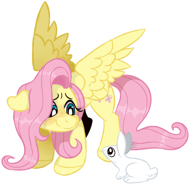 Size: 1038x1010 | Tagged: safe, artist:incubugs, derpibooru import, fluttershy, pegasus, pony, rabbit, animal, blushing, looking at each other, simple background, smiling, transparent background