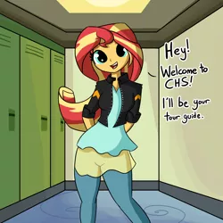 Size: 2880x2880 | Tagged: safe, artist:tjpones, derpibooru import, sunset shimmer, equestria girls, bronybait, canterlot high, cute, dialogue, hands behind back, high res, lockers, looking at you, shimmerbetes, solo, talking to viewer, wide hips