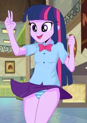 Size: 2000x2825 | Tagged: safe, artist:philelmago, artist:princess twilight sparkle, derpibooru import, twilight sparkle, equestria girls, rainbow rocks, blue underwear, breasts, clothes, female, panties, peace sign, skirt, skirt flip, solo, striped underwear, thighs, underwear, upskirt