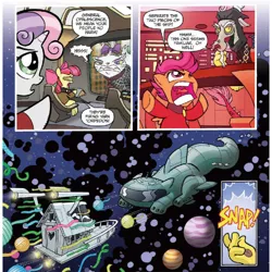 Size: 1224x1222 | Tagged: safe, artist:tonyfleecs, derpibooru import, idw, apple bloom, discord, opalescence, scootaloo, sweetie belle, draconequus, earth pony, pegasus, pony, unicorn, spoiler:comicff2, comic, cutie mark crusaders, disqord, female, filly, finger snap, foal, male, official comic, q, space, spaceship, speech bubble, star trek, voice actor joke, yarn, yarn ball