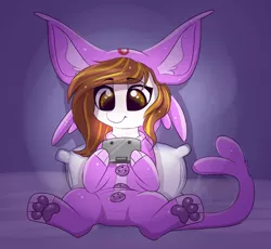 Size: 1466x1349 | Tagged: safe, artist:confetticakez, derpibooru import, oc, oc:raven sun, unofficial characters only, earth pony, espeon, pony, 3ds, clothes, costume, cute, earth pony oc, female, kigurumi, mare, paw gloves, pillow, pokémon, smiling, solo
