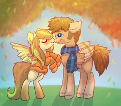 Size: 915x800 | Tagged: safe, artist:confetticakez, derpibooru import, oc, oc:raven sun, unofficial characters only, pegasus, pony, blushing, clothes, cute, female, leaves, male, mare, oc x oc, pegasus oc, rearing, scarf, shipping, stallion, unshorn fetlocks, wings