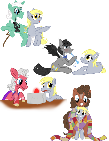 Size: 1700x2200 | Tagged: safe, artist:sixes&sevens, derpibooru import, derpy hooves, ditzy doo, doctor whooves, time turner, ponified, pony, blaze (coat marking), bowtie, cane, cape, clothes, doctor who, doctorderpy, female, first doctor, fourth doctor, male, monocle, mouth hold, plugged ears, pointing, puffy cheeks, recorder, scarf, screwdriver, second doctor, shared clothing, shared scarf, shipping, simple background, straight, third doctor, transparent background
