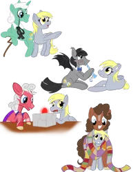 Size: 1700x2200 | Tagged: safe, artist:sixes&sevens, derpibooru import, derpy hooves, ditzy doo, doctor whooves, time turner, ponified, pony, blaze (coat marking), bowtie, cane, cape, clothes, doctor who, doctorderpy, female, first doctor, fourth doctor, male, monocle, mouth hold, plugged ears, pointing, puffy cheeks, recorder, scarf, screwdriver, second doctor, shared clothing, shared scarf, shipping, simple background, straight, third doctor, transparent background