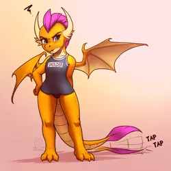 Size: 2375x2375 | Tagged: artist:mykegreywolf, blushing, clothes, derpibooru import, dragon, dragoness, female, gradient background, high res, impatient, looking at you, one-piece swimsuit, safe, smolder, smoldere, smolder is not amused, solo, sukumizu, swimsuit, tsundere, unamused