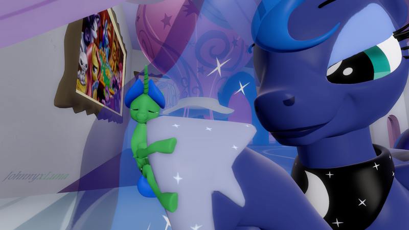 Size: 1920x1080 | Tagged: safe, artist:johnnyxluna, derpibooru import, princess luna, oc, oc:prince lightning chaser, pony, 3d, balloon, bedroom eyes, hoof hugs, hoof shoes, looking at you, macro, micro, no clothes, size difference, smiling