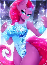 Size: 2200x3000 | Tagged: safe, artist:koveliana, derpibooru import, tempest shadow, anthro, unicorn, armband, beautiful, breasts, broken horn, busty tempest shadow, clothes, commission, eye scar, female, high res, horn, leotard, makeup, pretty, pretty pretty tempest, scar, smiling, solo, thong leotard