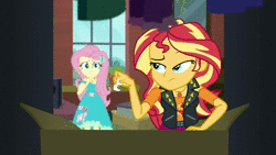 Size: 1920x1080 | Tagged: safe, derpibooru import, screencap, fluttershy, sunset shimmer, bat, costume conundrum, costume conundrum: sunset shimmer, equestria girls, equestria girls series, spoiler:choose your own ending (season 2), spoiler:eqg series (season 2), animated, fangs, geode of empathy, geode of fauna, magical geodes, sound, sunset's apartment, webm