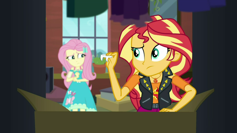 Size: 1920x1080 | Tagged: safe, derpibooru import, screencap, fluttershy, sunset shimmer, costume conundrum, costume conundrum: sunset shimmer, equestria girls, equestria girls series, spoiler:choose your own ending (season 2), spoiler:eqg series (season 2), fake fangs, fangs, female, geode of empathy, geode of fauna, magical geodes, sunset's apartment
