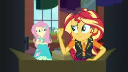 Size: 1920x1080 | Tagged: safe, derpibooru import, screencap, fluttershy, sunset shimmer, costume conundrum, costume conundrum: sunset shimmer, equestria girls, equestria girls series, spoiler:choose your own ending (season 2), spoiler:eqg series (season 2), fake fangs, fangs, female, geode of empathy, geode of fauna, magical geodes, sunset's apartment