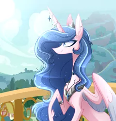 Size: 2147x2247 | Tagged: safe, artist:sugaryicecreammlp, derpibooru import, oc, oc:sparkdust knight, unofficial characters only, alicorn, pony, alicorn oc, balcony, chest fluff, female, high res, horn, horn jewelry, jewelry, mare, raised hoof, sitting, smiling, solo, two toned wings, wings