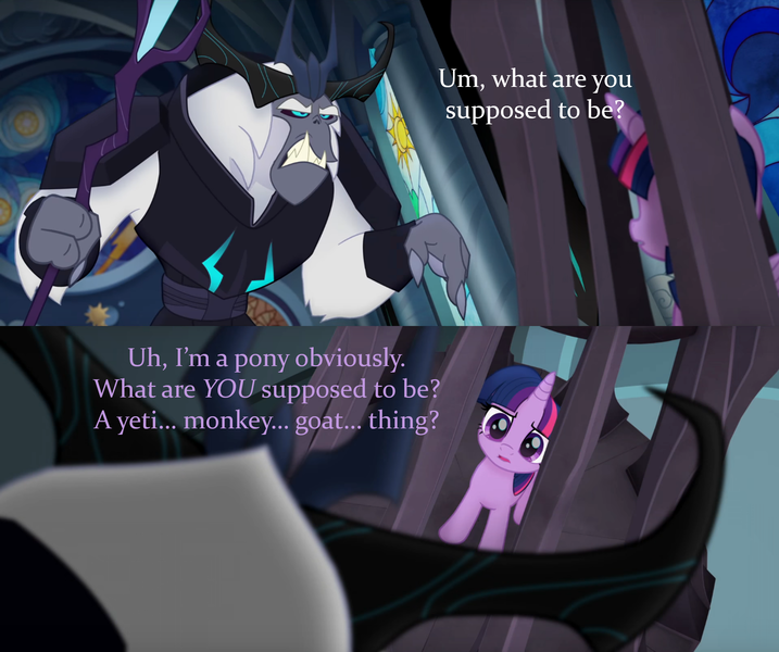 Size: 2000x1674 | Tagged: safe, derpibooru import, edit, edited screencap, screencap, storm king, twilight sparkle, twilight sparkle (alicorn), alicorn, pony, satyr, yeti, my little pony: the movie, armor, cage, canterlot castle, canterlot throne room, caption, comic, confused, crown, fangs, female, frown, horns, image macro, jewelry, mare, regalia, screencap comic, staff, staff of sacanas, stained glass, text