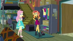 Size: 1920x1080 | Tagged: safe, derpibooru import, screencap, fluttershy, sunset shimmer, costume conundrum, costume conundrum: sunset shimmer, equestria girls, equestria girls series, spoiler:choose your own ending (season 2), spoiler:eqg series (season 2), bed, cabinet, door, geode of empathy, geode of fauna, happy, lidded eyes, magical geodes, stairs, sunset's apartment, tongue out