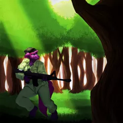 Size: 2000x2000 | Tagged: anthro, artist:sintacle, bandana, broken horn, clothes, commission, derpibooru import, eye scar, fatigues, forest, gun, horn, m4 carbine, rifle, safe, scar, solo, tempest shadow, unguligrade anthro, uniform, weapon