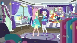 Size: 1920x1080 | Tagged: safe, derpibooru import, screencap, fluttershy, rarity, costume conundrum, equestria girls, equestria girls series, spoiler:choose your own ending (season 2), spoiler:eqg series (season 2), bed, clothes, costume, costume conundrum: rarity, dress, geode of fauna, geode of shielding, happy, magical geodes, mirror, rarity's bedroom, rarity's glasses, sewing machine, window