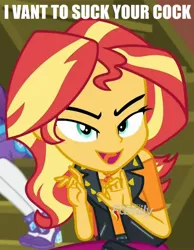 Size: 796x1024 | Tagged: suggestive, derpibooru import, edit, screencap, rarity, sunset shimmer, costume conundrum, equestria girls, equestria girls series, spoiler:choose your own ending (season 2), spoiler:eqg series (season 2), bronybait, caption, cropped, evil grin, geode of empathy, grin, image macro, impact font, implied blowjob, implied oral, implied sex, legs, looking at you, magical geodes, misspelling, seductive, smiling, solo focus, talking to viewer, text, text edit, tongue out, vampire shimmer, vulgar