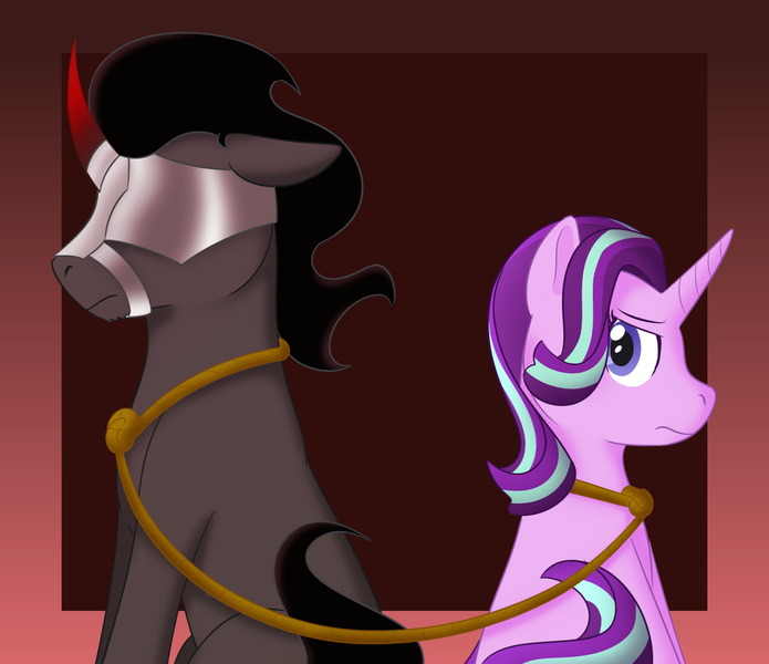 Size: 1100x950 | Tagged: safe, artist:enigmadoodles, derpibooru import, king sombra, starlight glimmer, pony, unicorn, fanfic, fanfic:shadow of a doubt, abstract background, duo, fanfic art, fanfic cover, female, floppy ears, frown, looking back, male, mare, mask, missing accessory, muzzle, prisoner, rope, sitting, stallion, wip