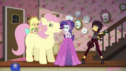 Size: 1280x720 | Tagged: safe, derpibooru import, screencap, applejack, fluttershy, posey, rarity, sunset shimmer, wooyoo, costume conundrum, costume conundrum: applejack, equestria girls, equestria girls series, spoiler:choose your own ending (season 2), spoiler:eqg series (season 2), bulk biceps' home, clothes, costume, fangs, fluttershy suit, g1, geode of empathy, magical geodes, quadsuit, scared, sleeveless, vampire shimmer